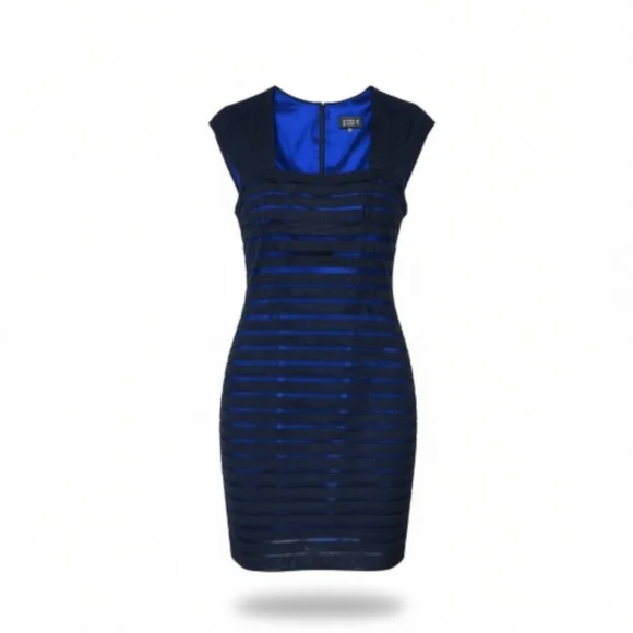 Adrianna Papell Cocktail Dress Size 6 Blue Lining Black Overlay Mesh Tiered - Picture 8 of 9